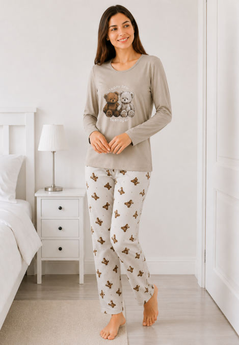 Pijama damă Serena bluză cu maneca lunga și pantaloni lung -Bej ,Engros